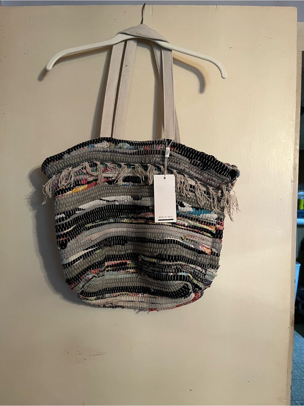 Striped Fringe Woven Tote Bag in Neutral Multi